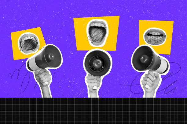 istock Creative sketch collage of hands hold megaphone propaganda announce strike demonstration faceless mouth teeth scream tongue 2197369759