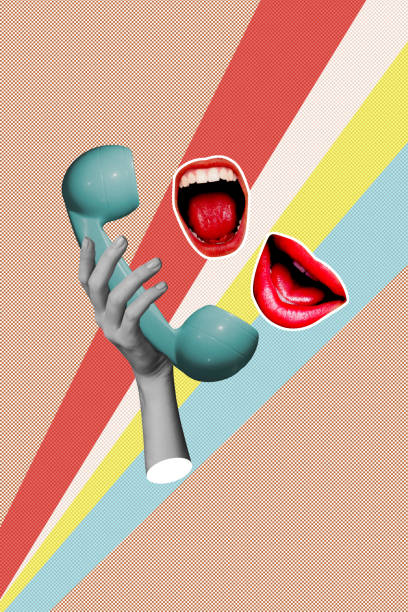 istock Template sketch image composite artwork collage of hand hold landline phone call talk mouth lips talk gossip rumors chatting news 2197369964
