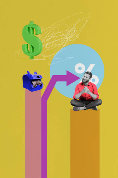 istock Composite trend artwork 3D sketch collage of trader arrow up earnings sit platform young man sit work success money count machine percent 2197371072