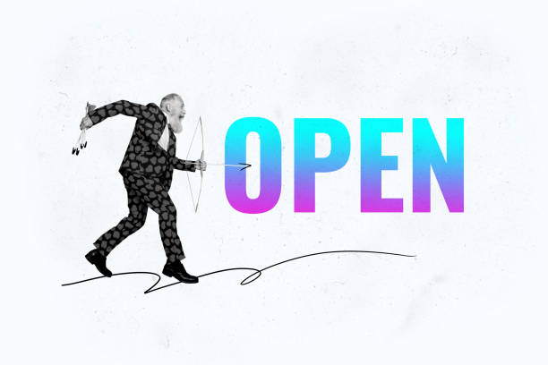 Composite photo collage of happy old businessman run bow arrow open project development startup aim isolated on painted background.