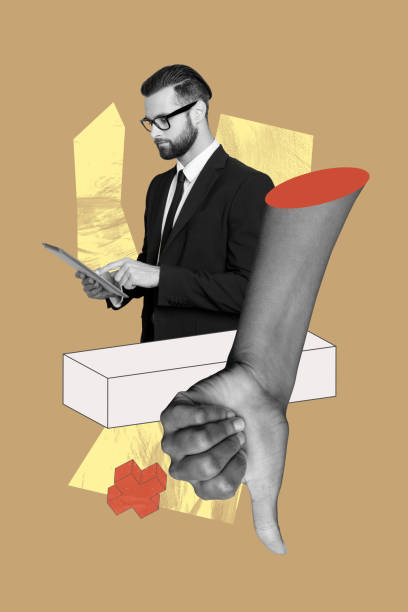istock Composite 3D collage artwork template design of young man hold tablet type hand gesture thumb down dislike office human resources manager 2197371977