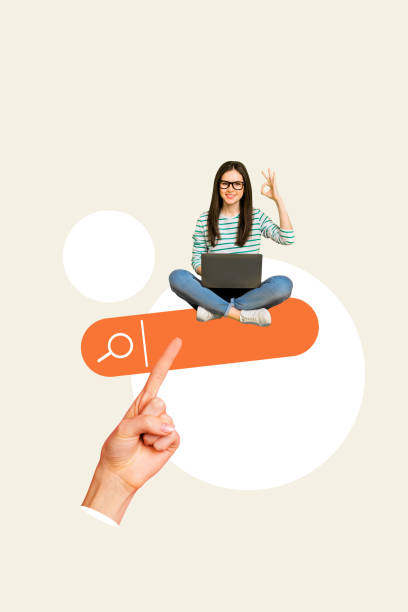 istock Exclusive image vertical photo collage of happy freelancer girl surf browser webpage search vacancy prompt hand point okay gesture 2197372864