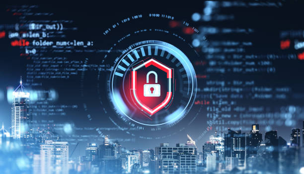 digitales sicherheitsschloss-symbol über virtueller stadtlandschaft mit programmiercode-elementen. - datenschutz stock-fotos und bilder