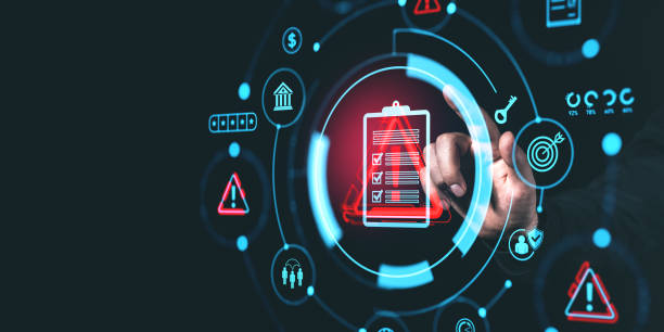 istock Digital interface with risk management icons and checklist, glowing on dark background. Business strategy and assessment concept 2197373495
