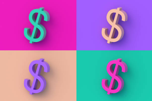 Set of four different color us dollar symbol on colorful segmental background. 3d render