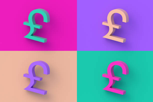istock Set of four different color british pound sterling symbol on colorful segmental background. 3d render 2197377293