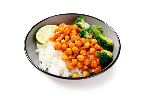 Chickpea curry with basmati rice and broccoli