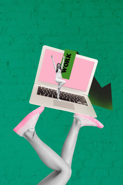 istock Creative art sketch image vertical collage of excited girl employee receive vacancy workload laptop human legs sneakers arrow 2197380853