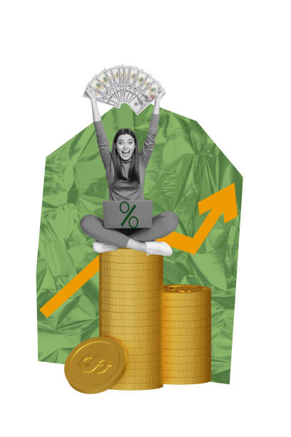 istock Composite artwork 3D photo collage trend template of young lady excited sit stack coins hold laptop success rich cash earnings bank trade 2197380941