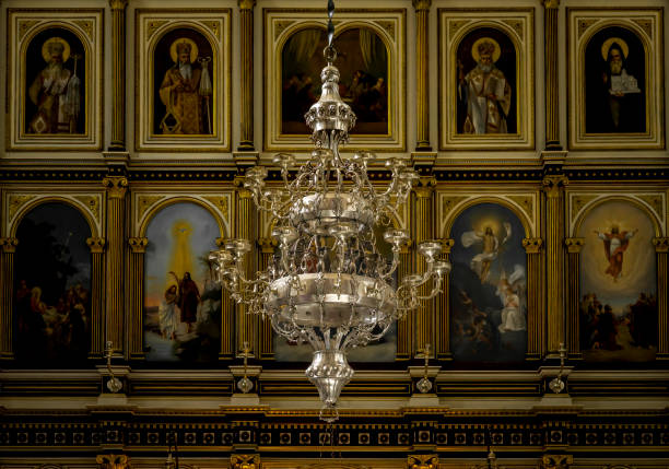 Big Lamp inside Shio Mgvime monastery with ceiling icons on backgroung. Mtskheta. Georgia