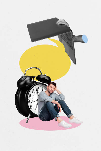 istock Template sketch composite artwork collage of deadline time hurry clock business speech cloud young sad man sit hand hold laptop remote 2197382056