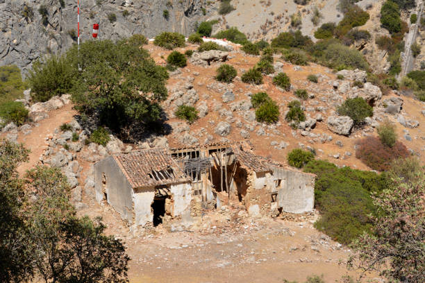 Old casa los lima in the canyon along the El Caminito del Rey (The King's Little Path) a 7.7 kilometres long walkway pinned along the steep walls of a narrow gorge in El Chorro, near Ardales in the province of Málaga, Spain.