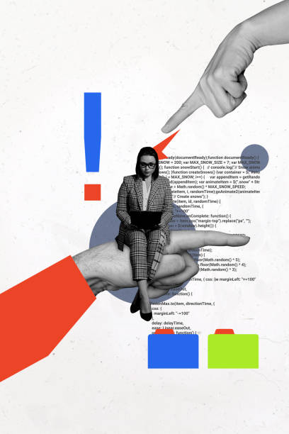 istock Vertical photo collage of serious businesswoman sit hands point index finger digital code developer script isolated on painted background 2197386434