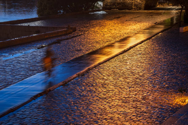 istock Cobbled Promenade With Bike Path At Night 2197388456