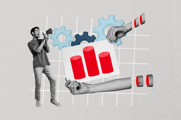 Creative artwork template sketch image 3D collage of young guy sand hand hold loudspeaker proclaim gear trade goal stats target success.