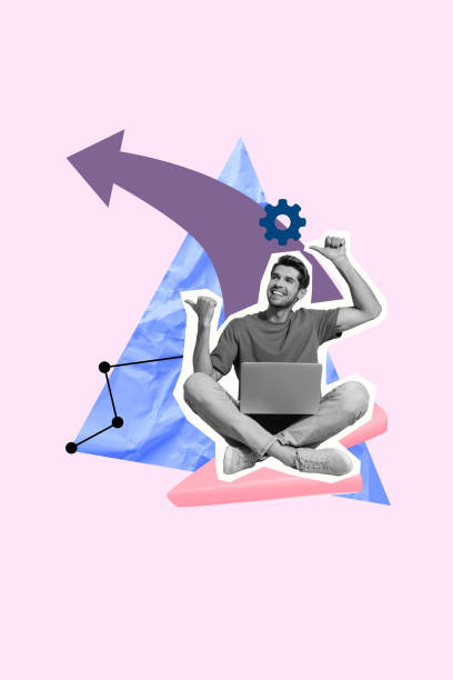 istock Trend template sketch design photo collage of purpose target motivation progress leadership aspiration young guy laptop work showing arrow 2197388678