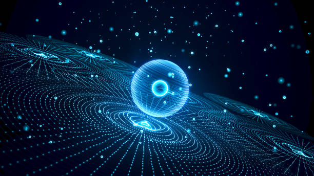 Light circles emanate outward from a central point, creating a vibrant water-like effect. Floating spheres hover above a grid of luminous dots in a dark setting, enhancing the digital ambiance.