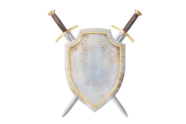 two swords and golden metallic shield isolated on white