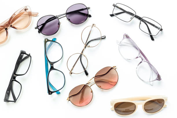 Eye care concept. Set of eyeglasses with different lenses, top view