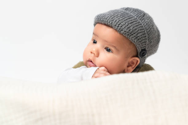 newborn baby portrait on white background.
