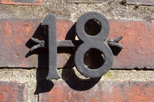 House license plate number 18 on a brick wall, Germany