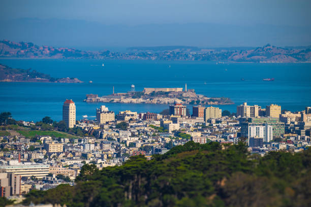 Alcatraz Island seen from ferry boat during springtime day in San Francisco