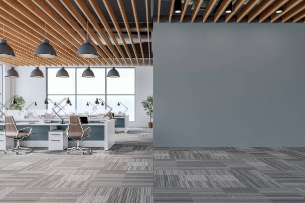 istock Semi-empty office interior with medium gray plaster wall and copy space,  a wooden slats ceiling, work desks and large windows, on carpet floor 2197399602