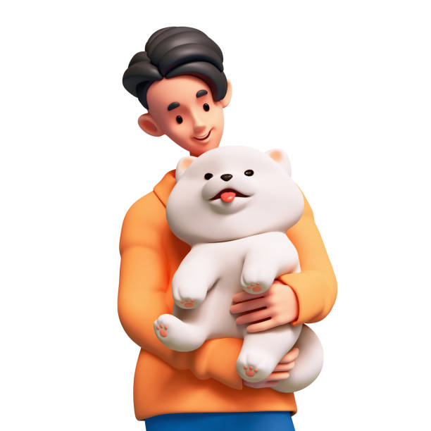 istock 3d render portrait cartoon cute excited guy holding, hugging fluffy samoyed dog both hands. 2197400553