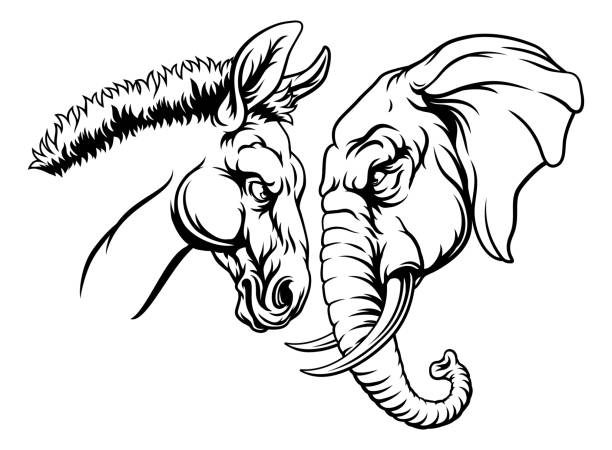 Republican Democrat Elephant Donkey Election Republican and democrat elephant and donkey facing off American election party politics concept republican elephant logo stock illustrations