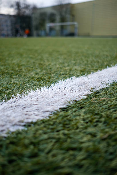 Close-up of a white line on a soccer (football) field