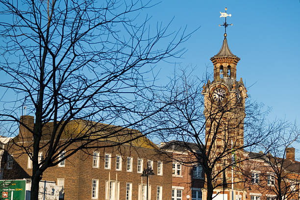 Epsom, London UK, Clock Tower In Evening Winter Sunshine With No People