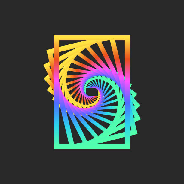 Dynamic rectangles spiral geometric elements colorful psychedelic design with vibrant rainbow gradient, futuristic digital art, vortex shape on the dark background. Dynamic rectangles spiral geometric elements colorful psychedelic design with vibrant rainbow gradient, futuristic digital art, vortex shape on the dark background. kaleidoscope pattern stock illustrations
