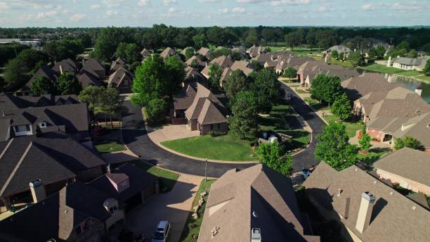istock Drone view of a residential area 2197425556