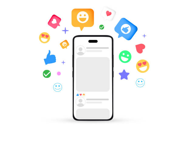 istock Modern colorful and playful social media design reactions and emotions floating around the smartphone screen, digital entertainment and media platforms concept backdrop 2197428958
