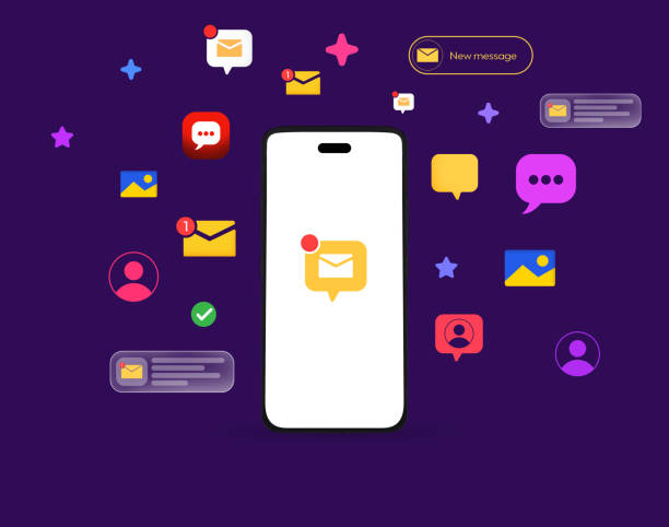 istock Colorful Email notification appearing on the white smartphone screen with floating shapes, modern electronic mail notification backdrop 2197429002