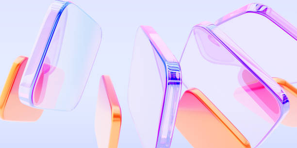 istock Abstract 3d background wallpaper with glass and plastic square plates, colorful light iridescent neon holographic gradient. Transparent and orange cube shapes, digital tech banner 2197431103