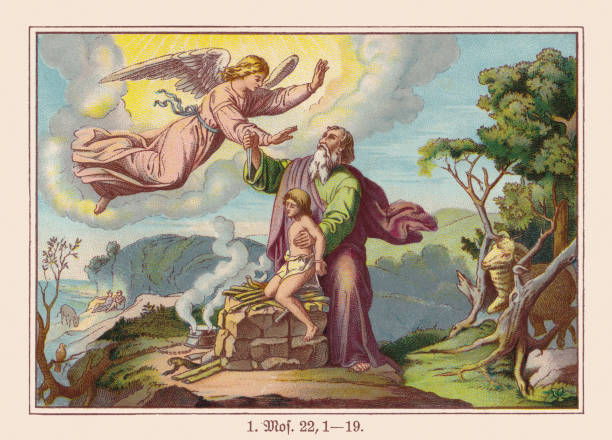 Abraham sacrifices Isaac, chromolithograph, published ca. 1898 Abraham sacrifices Isaac (Genesis 22, 1 - 15). Chromolithograph based on a drawing by Karl Gottlob Schönherr (Germann painter, 1824 - 1906), published ca. 1898 father abraham stock illustrations
