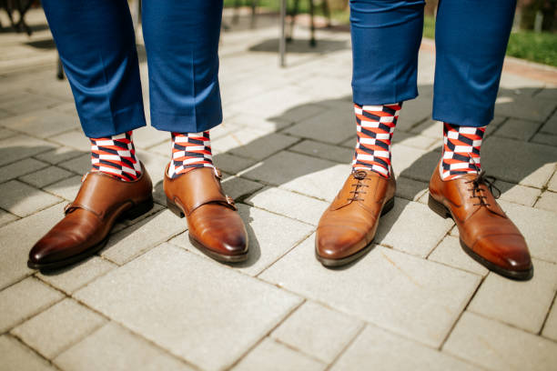istock Stylish Brown Leather Shoes with Bold Geometric Socks 2197435692