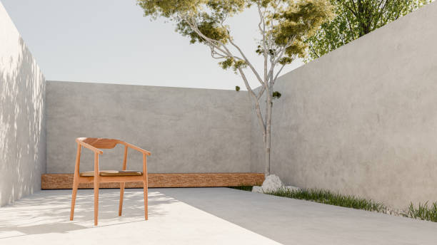 istock Modern Wooden Chair in a Minimalist Courtyard 2197436098