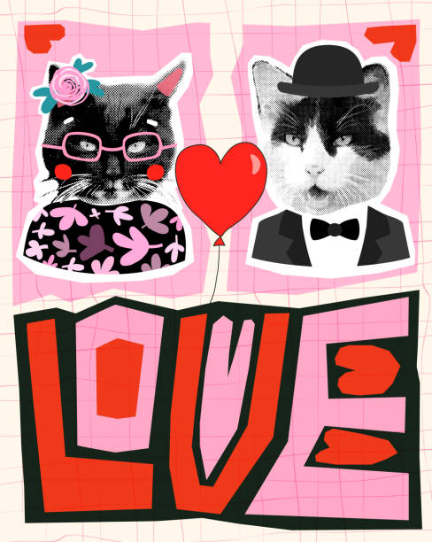 Fun vector greeting card, poster or banner with halftone collage cats, bold quirky geometric text love in pink and red, balloon, hearts for Valentine's Day, wedding designs