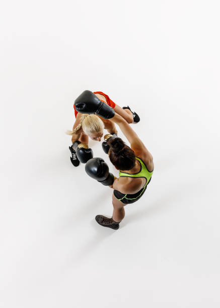 Women, focused boxers in action, displaying athleticism and determination, training isolated on white background. Top view. Concept of combat sport, martial arts, strength, endurance