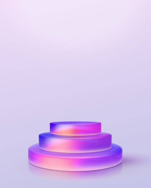 istock 3d iridescent hologram disk, coin, podium, pedestal. Render figure with purple, pink, blue colors. Vector illustration isolated on white for design projects, product display, presentation, adv 2197439162