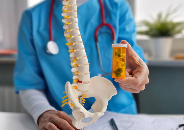 istock Doctor demonstrating human spine model with medication pill 2197439599