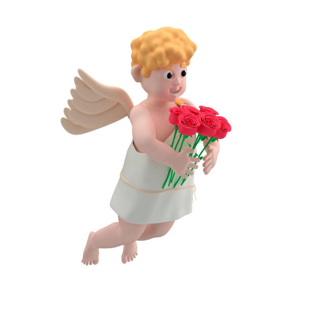Flying cupid with roses in his hands over white background, 3d illustration