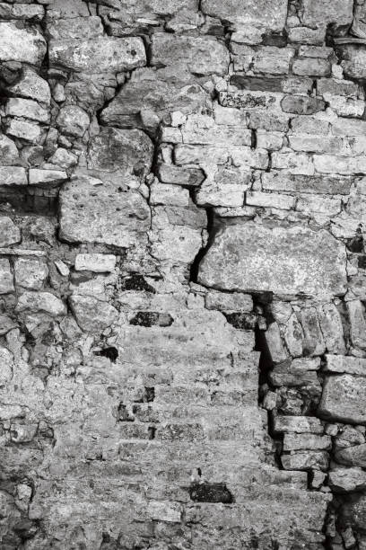 A black-and-white image showcasing an old, weathered wall with significant cracks and structural wear. The wall, composed of uneven stones and mortar, reveals the passage of time through its deep fissures and crumbling texture. This powerful visual captures the essence of decay, history, and resilience.