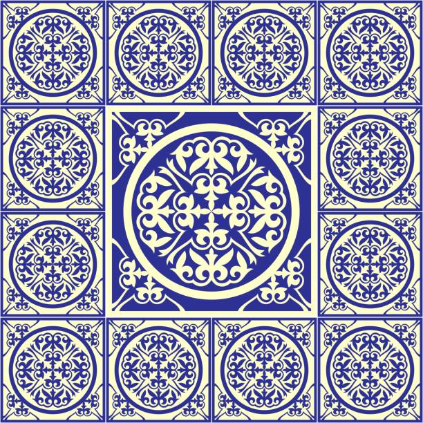 Mediterranean Amalfi Coast pattern. Seamless pattern with azulejo tiles. Portuguese, Sicilian, Spanish tile traditional design. For wrapping paper, wallpaper, fabric, textile. Concept of kitchen style