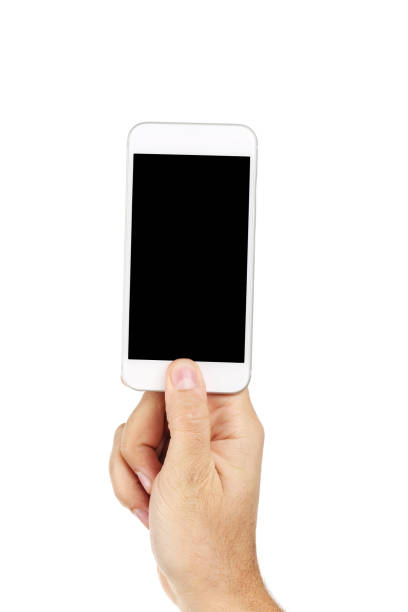 Male hand holding smartphone on white background