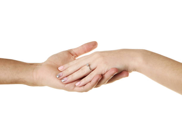 istock Male and female hand with ring on white background 2197464807