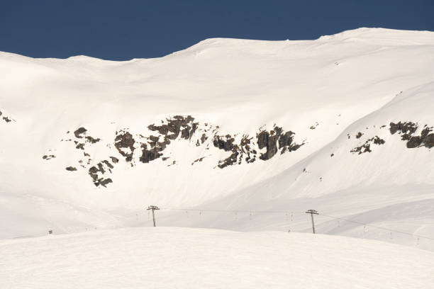 View from a ski slope at Myrkdalen Alpine Ski Resort in Norway, Scandinavia, Europe in winter (April).