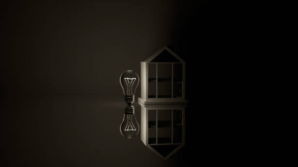 3D model of incandescent light bulb and small white house on mirror background